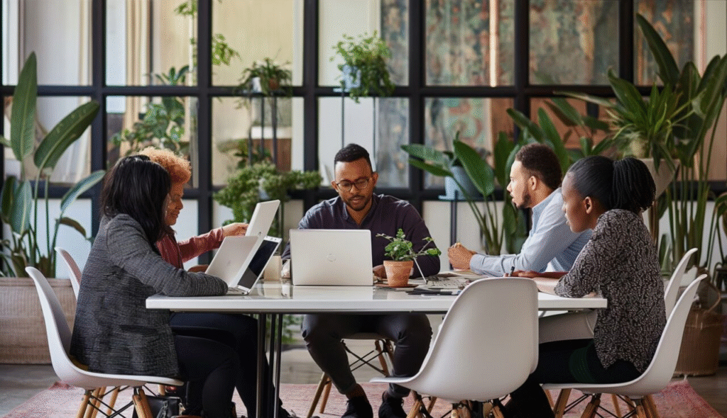 Diverse team collaborating around a table with laptops, representing agile software development and Fractional CTO-led product strategy.