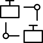 Icon showing connected blocks and nodes, representing system architecture, microservices, or software integration.