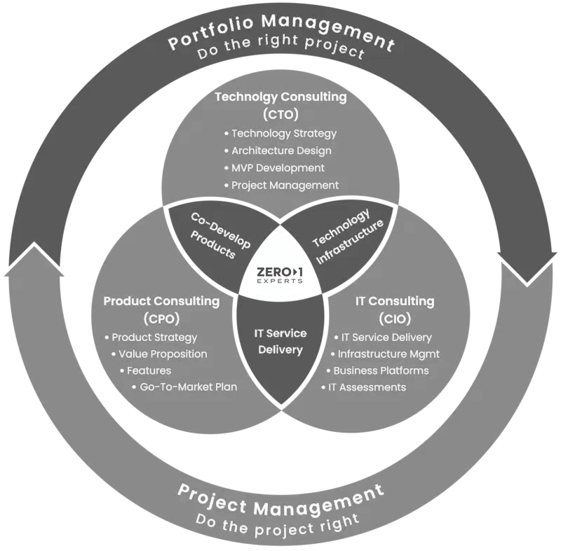 Zero to 1 Experts consulting model showing overlap between CTO, CPO, and CIO services within portfolio and project management.