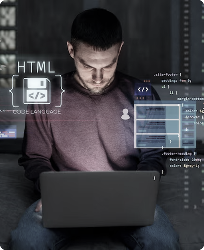 Developer coding on a laptop with HTML and CSS interface elements overlaid, representing hands-on software development and frontend engineering.