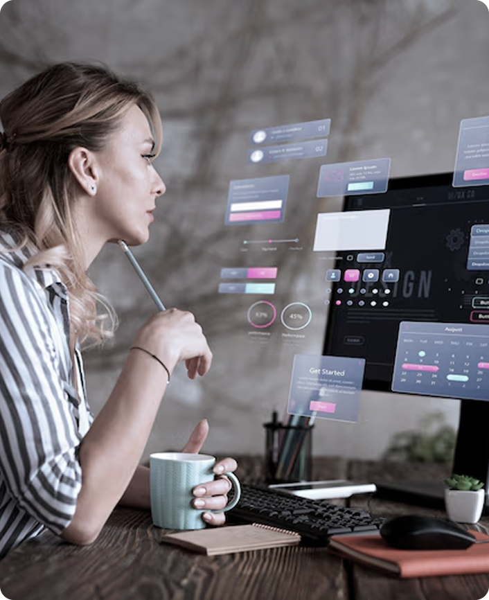 Product manager reviewing a digital dashboard with UI elements and performance metrics, representing modern product planning and execution.