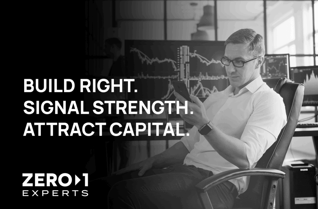 Tech executive reviewing capital strategy in front of market data screens, representing the impact of Fractional CTO leadership and strategic software development.