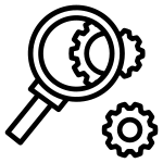 Magnifying glass over gears icon representing technical due diligence by a Fractional CTO.